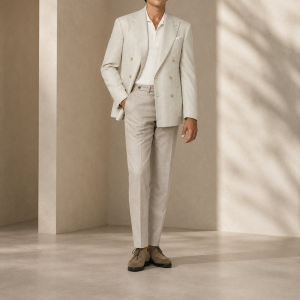 Blazer In Wool Silk Linen - Ivory Ecru Houndstooth | Andrea Kosta 