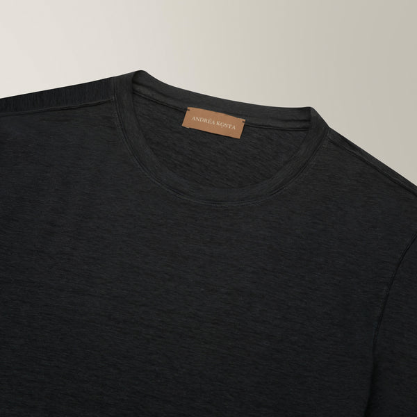 Crew Neck T-Shirt in Linen - Navy | Andrea Kosta