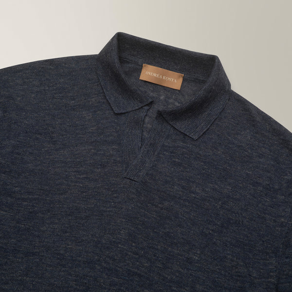 Skipper Collar Polo in Linen - Navy | Andrea Kosta