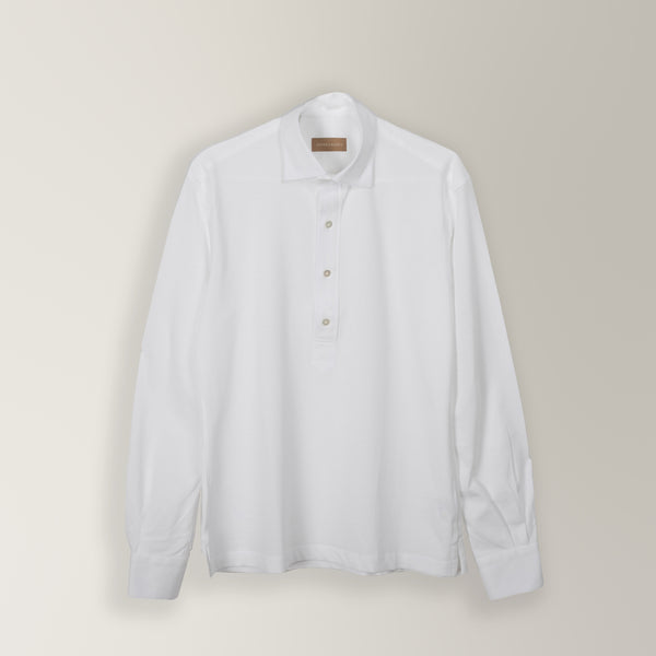 Long Sleeve Polo Shirt with Semi Cut Away Collar in Pique - White