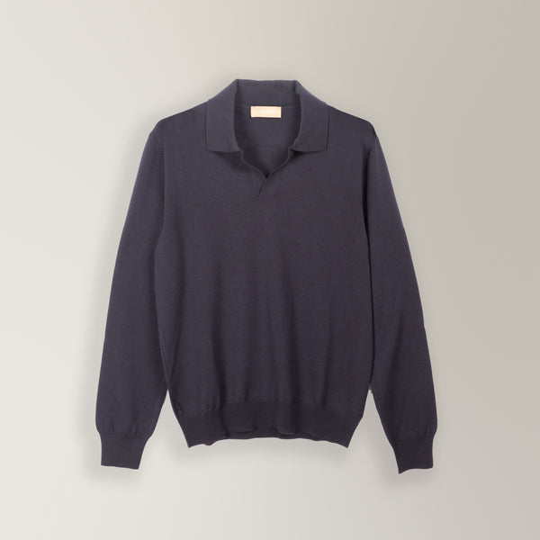 Long Sleeve Skipper Collar Polo in Wool - Navy | Andrea Kosta