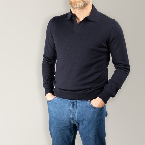 Long Sleeve Skipper Collar Polo in Wool - Navy | Andrea Kosta