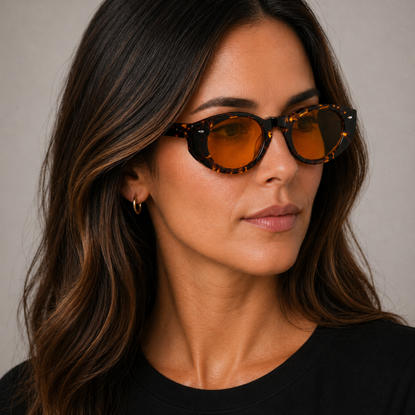 Madras Eco Dark Havana oval sunglasses with orange lenses worn by female model in her 30s, close-up studio portrait styled with black T-shirt.