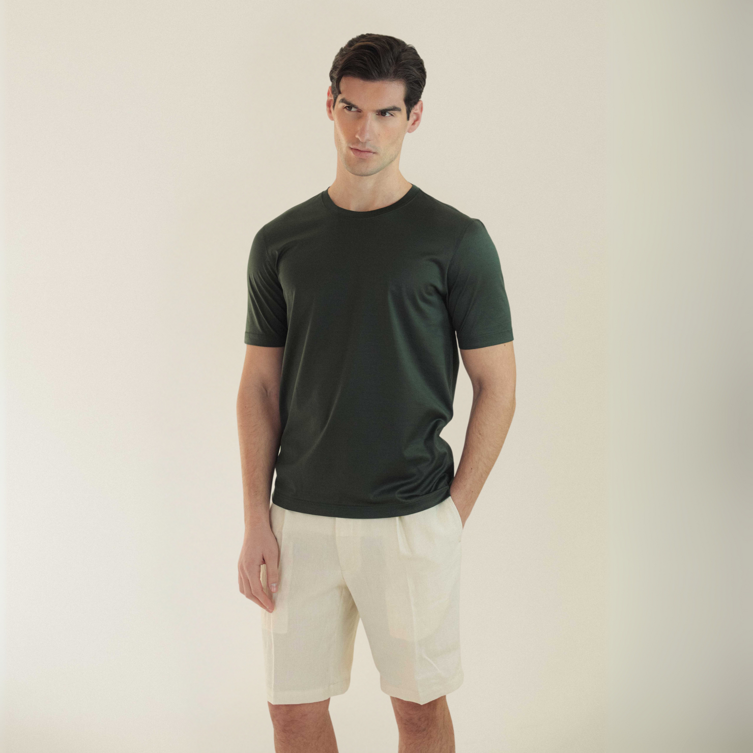 Crew Neck T-shirt in Mercerised Cotton - Dark Green | Andrea Kosta
