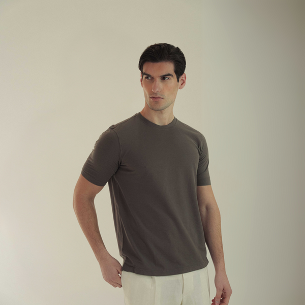 Crew Neck T-shirt in Mercerised Cotton - Taupe | Andrea Kosta