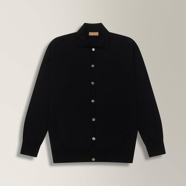 Cardigan with Polo Collar in Merino Wool - Navy | Andrea Kosta