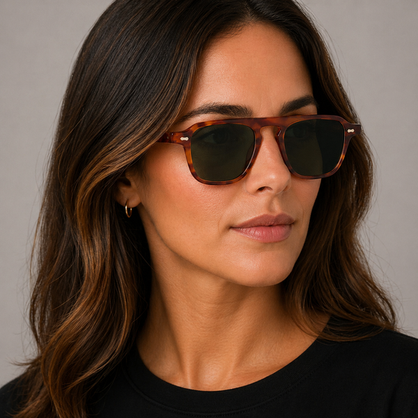 Panama Eco Havana square sunglasses with bottle green lenses worn by female model in her 30s, close-up studio portrait styled with a black T-shirt, highlighting the warm-toned eco-acetate frame and clean, structured silhouette.
