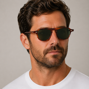 Panama Havana square sunglasses with bottle green lenses worn by male model in his 30s, close-up studio portrait styled with white cotton T-shirt.