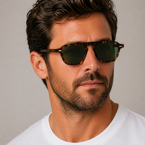 Panama Eco Dark Havana square sunglasses with bottle green lenses worn by male model in his 30s, close-up studio portrait styled with white cotton T-shirt.