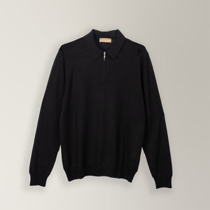 Quarter Zip Polo in Wool & Silk - Black | Andrea Kosta