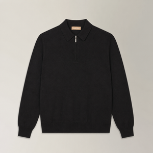 Quarter Zip Polo in Wool & Silk - Black | Andrea Kosta