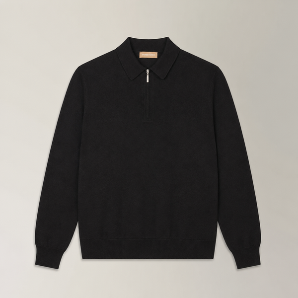 Quarter Zip Polo in Wool & Silk - Black | Andrea Kosta