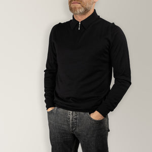 Quarter Zip Polo in Wool & Silk - Black | Andrea Kosta