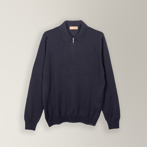 Quarter Zip Polo in Wool & Silk - Navy | Andrea Kosta