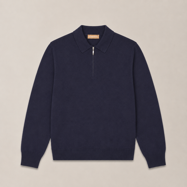 Quarter Zip Polo in Wool & Silk - Navy | Andrea Kosta