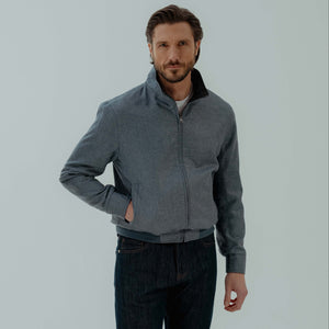 Reversible Bomber Jacket In Silk &Wool - Blue & Navy | Andrea Kosta