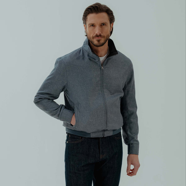 Reversible Bomber Jacket In Silk &Wool - Blue & Navy | Andrea Kosta