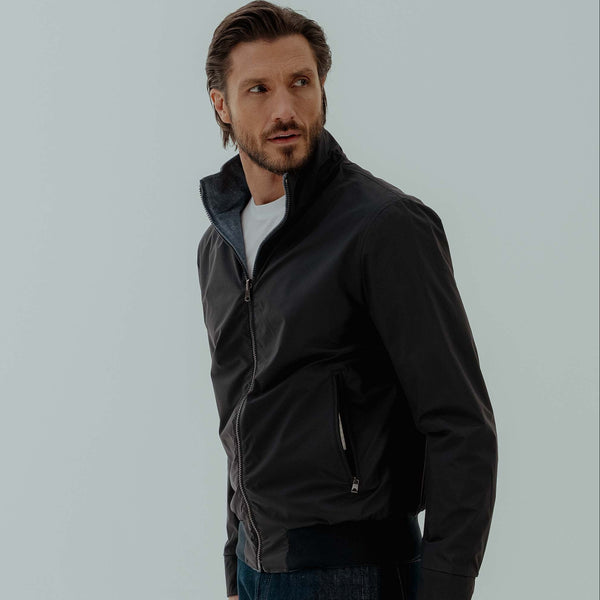 Reversible Bomber Jacket In Silk &Wool - Blue & Navy | Andrea Kosta