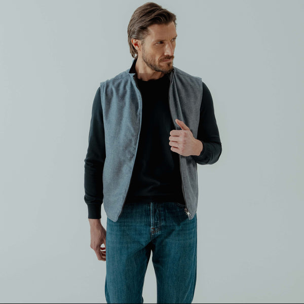 Reversible Gilet in Silk & Wool - Blue & Navy | Andrea Kosta 