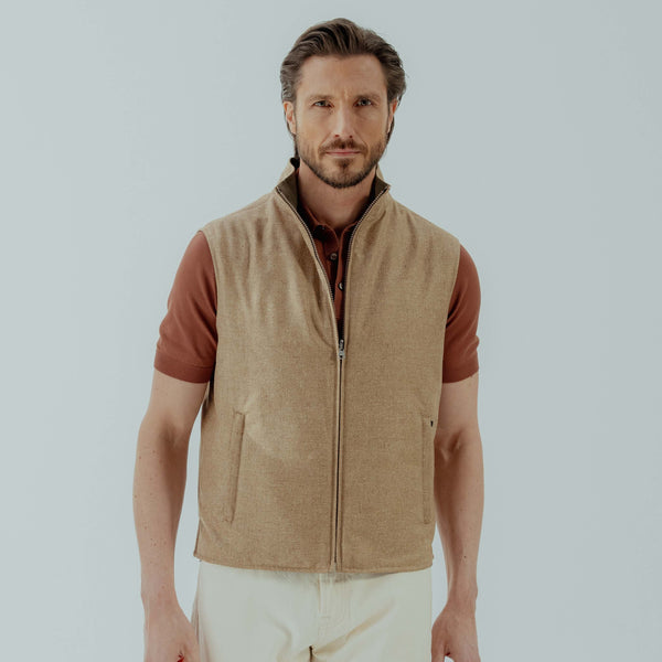 Reversible Gilet in Silk & Wool - Brown & Khaki | Andrea Kosta 