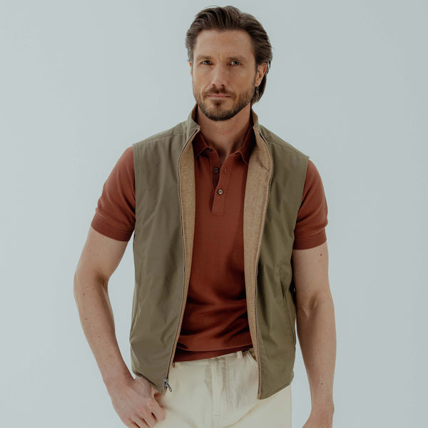 Reversible Gilet in Silk & Wool - Brown & Khaki | Andrea Kosta 
