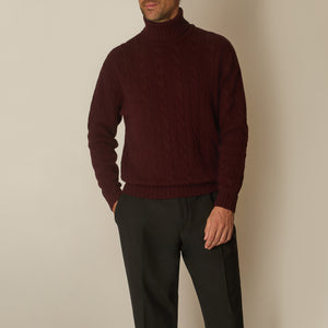 Cable Roll Neck Jumper in Wool & Cashmere - Burgundy | Andrea Kosta