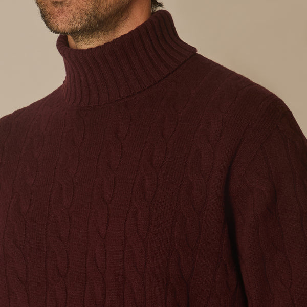 Cable Roll Neck Jumper in Wool & Cashmere - Burgundy | Andrea Kosta