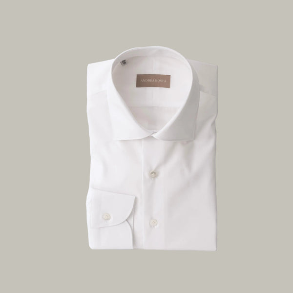 Semi Spread Collar Shirt - Cotton Poplin - White | Andrea Kosta