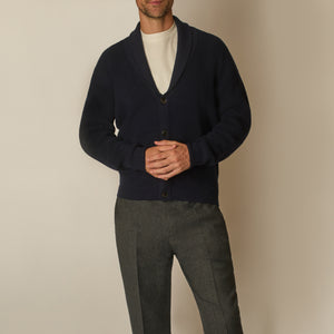 Shawl Collar Cardigan in Wool & Cashmere - Midnight Blue | Andrea Kosta