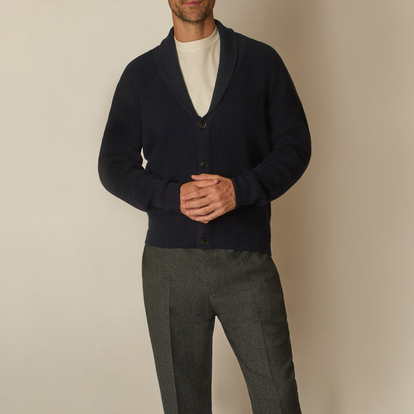 Shawl Collar Cardigan in Wool & Cashmere - Midnight Blue | Andrea Kosta