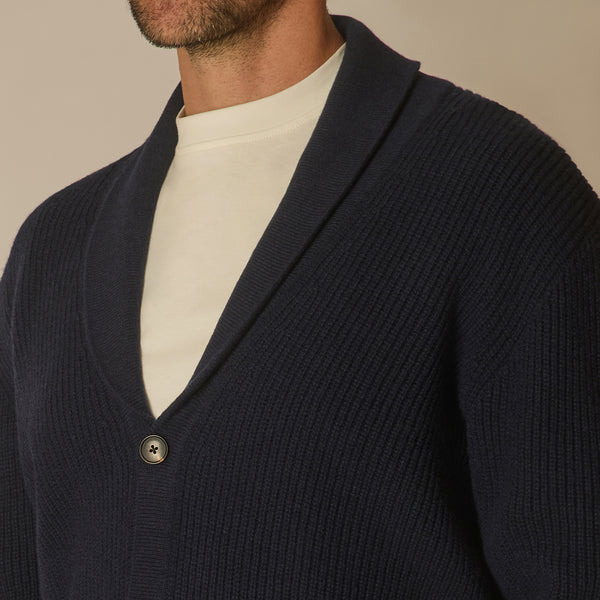 Shawl Collar Cardigan in Wool & Cashmere - Midnight Blue | Andrea Kosta