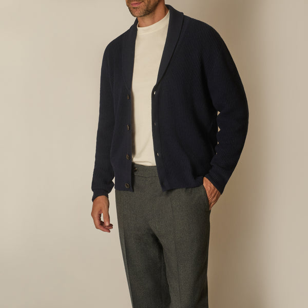 Shawl Collar Cardigan in Wool & Cashmere - Midnight Blue | Andrea Kosta