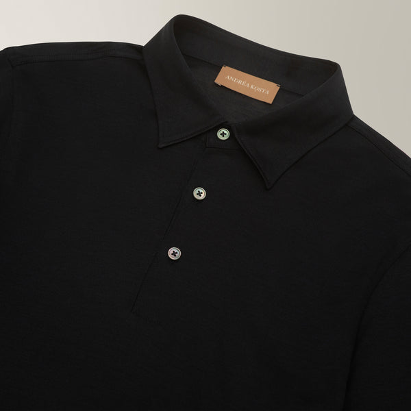 Short Sleeve Polo Shirt in Silk - Navy | Andrea Kosta