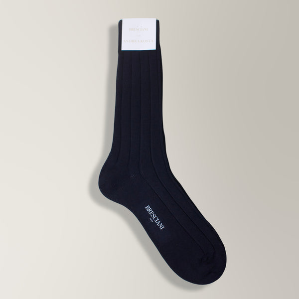 Stefano Ribbed Casual Mid-Calf Socks in Cotton - Navy | Andrea Kosta