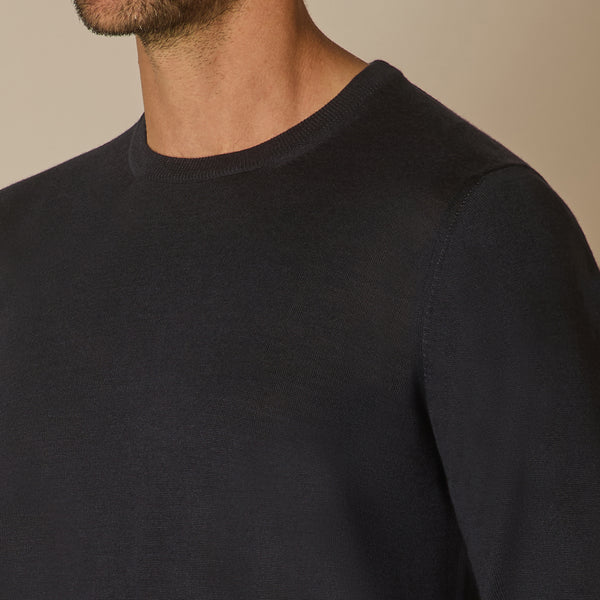 Theta Crew Neck Jumper in Wool & Silk  - Navy | Andrea Kosta