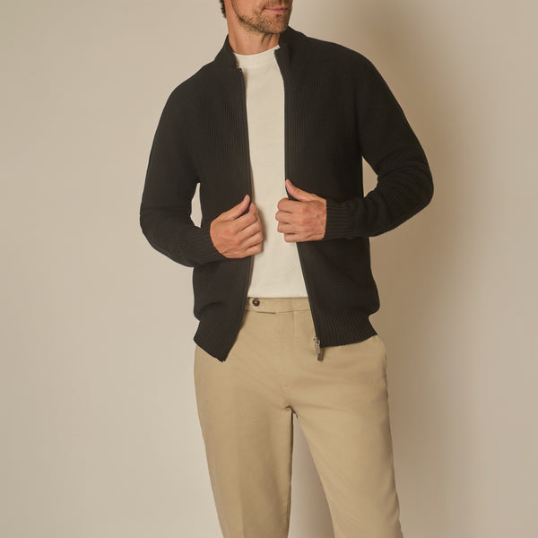 Thyra Full Zip Cardigan in Virgin Wool - Black | Andrea Kosta