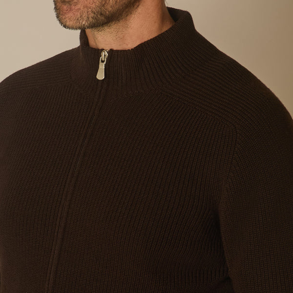 Thyra Full Zip Cardigan in Virgin Wool - Chocolate | Andrea Kosta