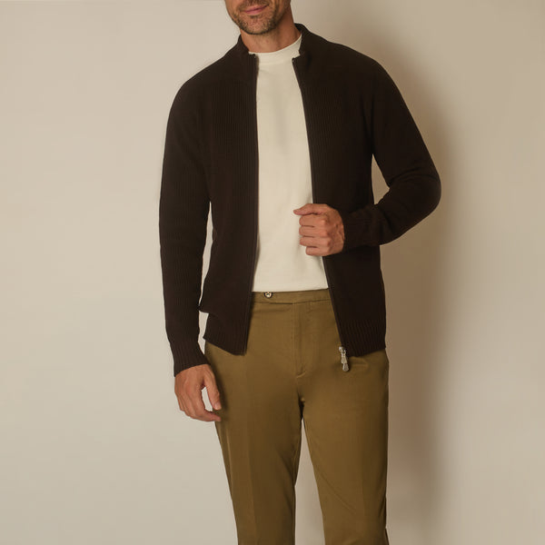 Thyra Full Zip Cardigan in Virgin Wool - Chocolate | Andrea Kosta