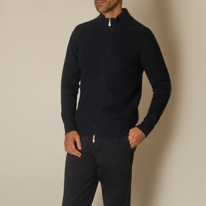 Thyra Full Zip Cardigan in Virgin Wool - Navy | Andrea Kosta
