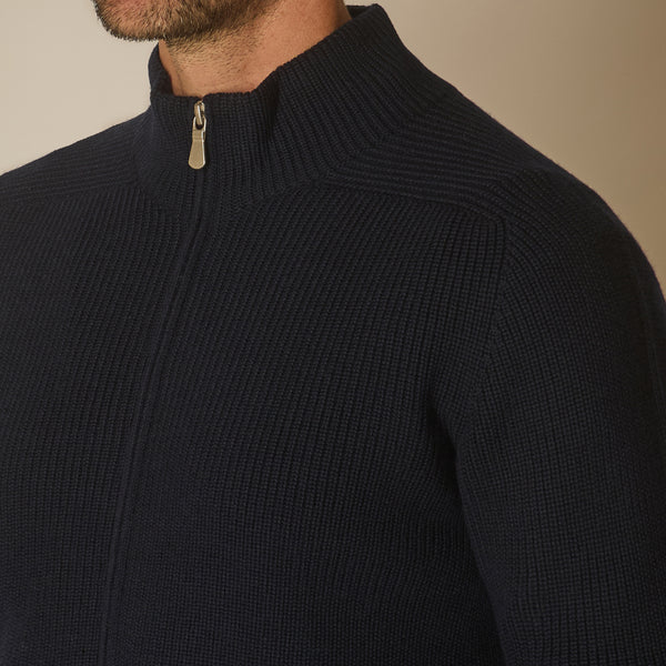 Thyra Full Zip Cardigan in Virgin Wool - Navy | Andrea Kosta