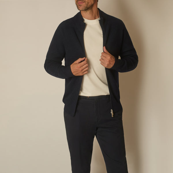 Thyra Full Zip Cardigan in Virgin Wool - Navy | Andrea Kosta