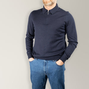 Navy wool and silk zip polo with silver zipper, ribbed cuffs, and hem