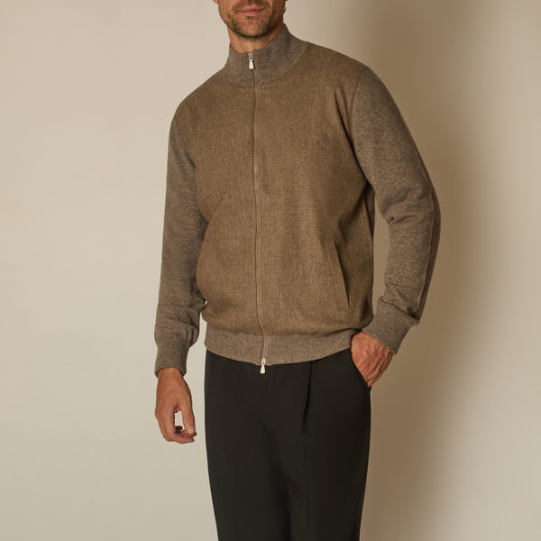 Full Zip Bomber in Wool & Cashmere - Taupe | Andrea Kosta